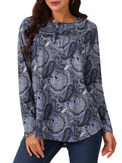 Women's Loose Fit Tunic Tops Long Sleeve Casual Floral Printed Henley V Neck Shirts