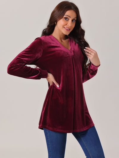 Bublédon Women's Velvet Top V Neck Long Sleeves Solid Casual Tunic Blouse Loose T-Shirt