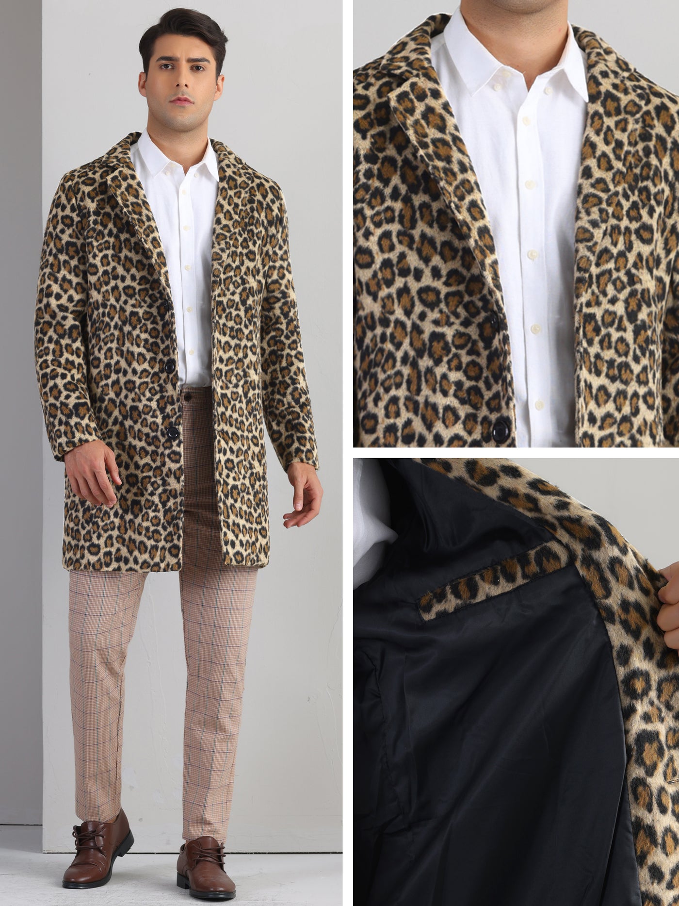 Bublédon Animal Printed Trench Coat for Men's Notched Lapel Classic Vintage Winter Overcoats