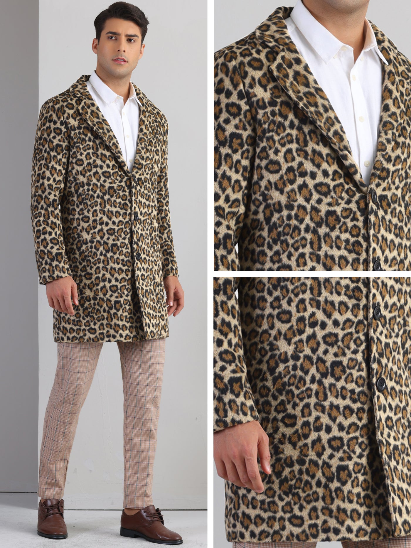 Bublédon Animal Printed Trench Coat for Men's Notched Lapel Classic Vintage Winter Overcoats