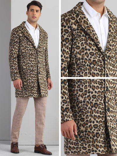 Animal Printed Trench Coat for Men's Notched Lapel Classic Vintage Winter Overcoats