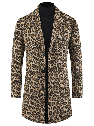 Animal Printed Trench Coat for Men's Notched Lapel Classic Vintage Winter Overcoats