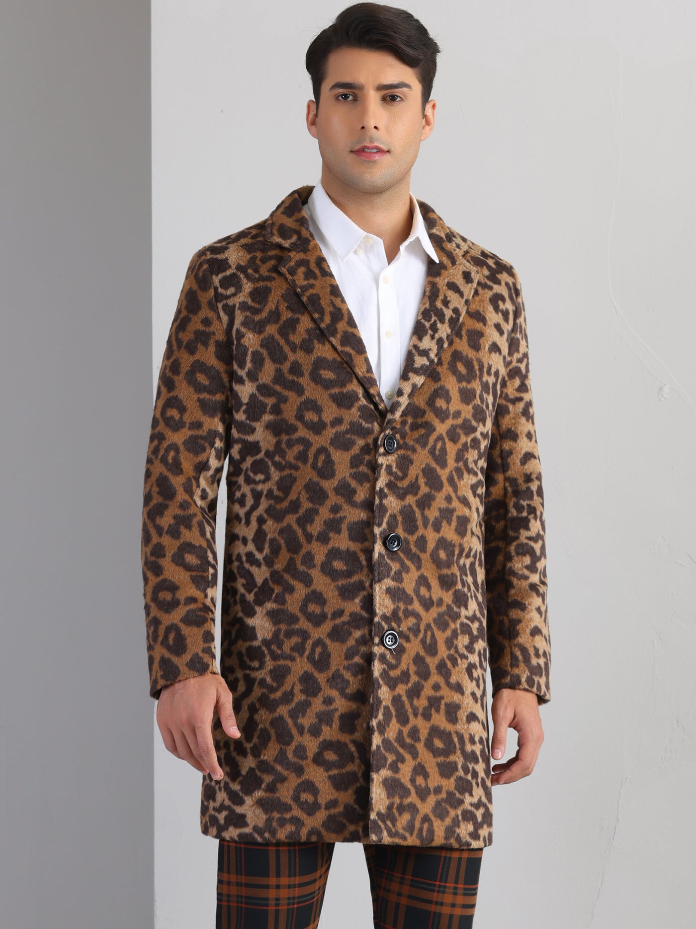 Bublédon Animal Printed Trench Coat for Men's Notched Lapel Classic Vintage Winter Overcoats