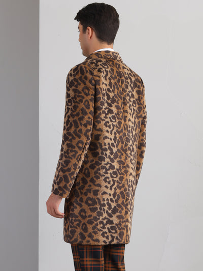 Animal Printed Trench Coat for Men's Notched Lapel Classic Vintage Winter Overcoats