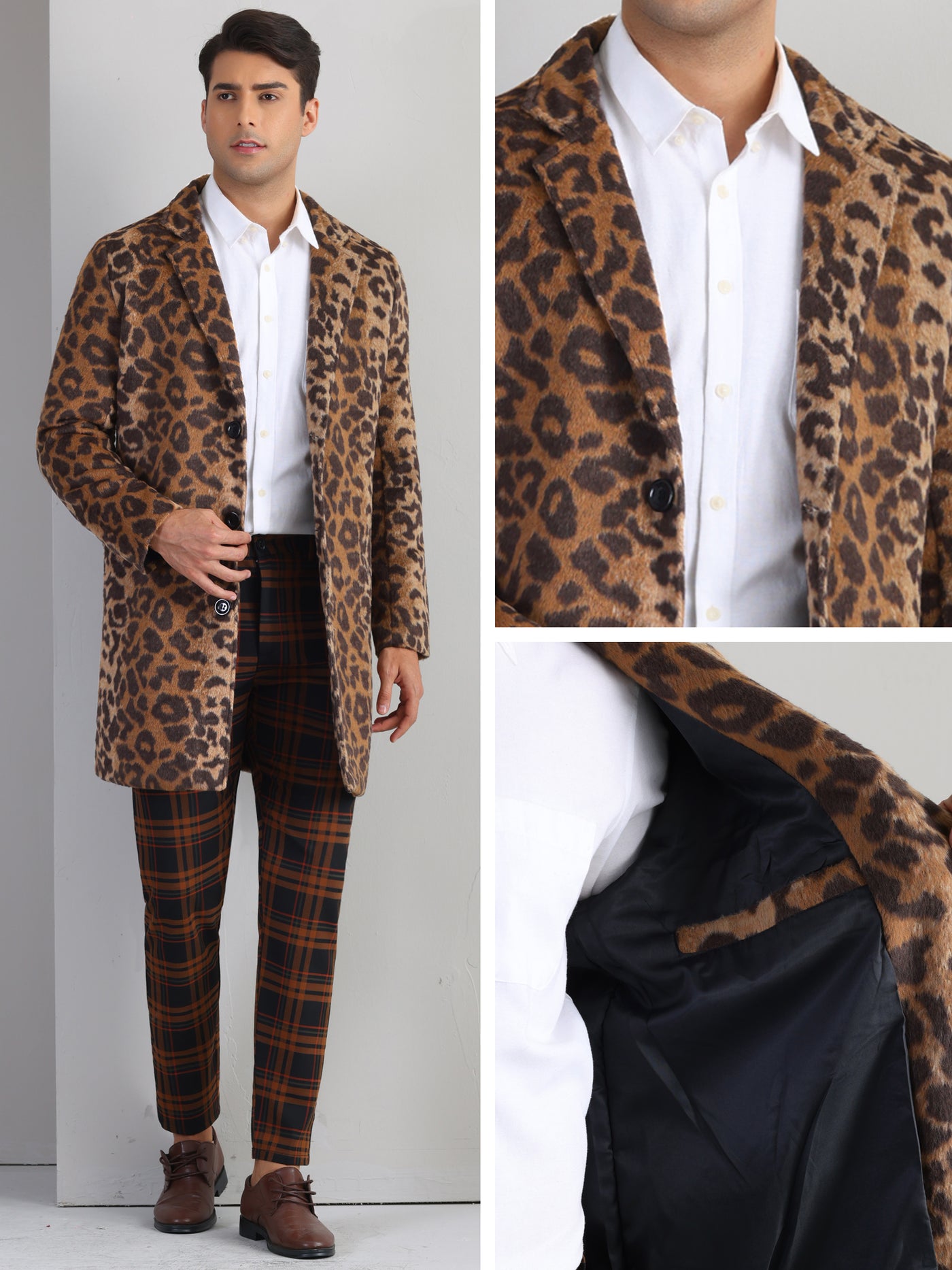 Bublédon Animal Printed Trench Coat for Men's Notched Lapel Classic Vintage Winter Overcoats