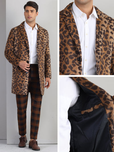 Animal Printed Trench Coat for Men's Notched Lapel Classic Vintage Winter Overcoats