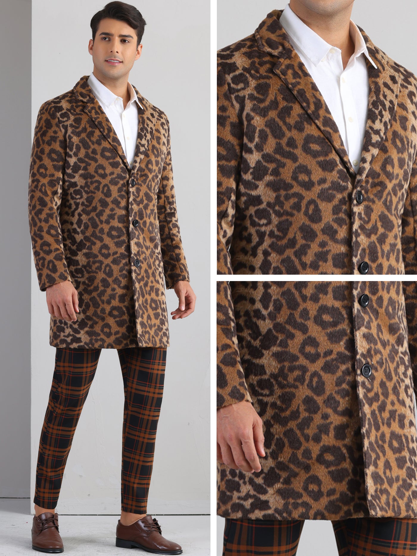 Bublédon Animal Printed Trench Coat for Men's Notched Lapel Classic Vintage Winter Overcoats