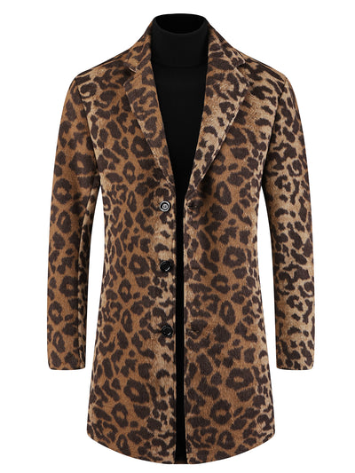 Animal Printed Trench Coat for Men's Notched Lapel Classic Vintage Winter Overcoats