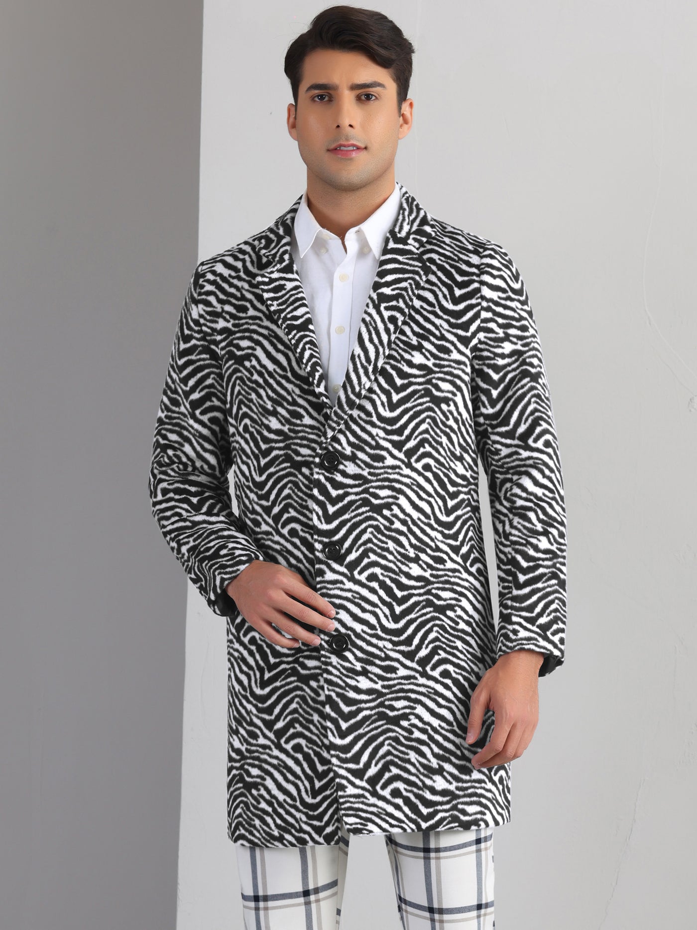 Bublédon Animal Printed Trench Coat for Men's Notched Lapel Classic Vintage Winter Overcoats