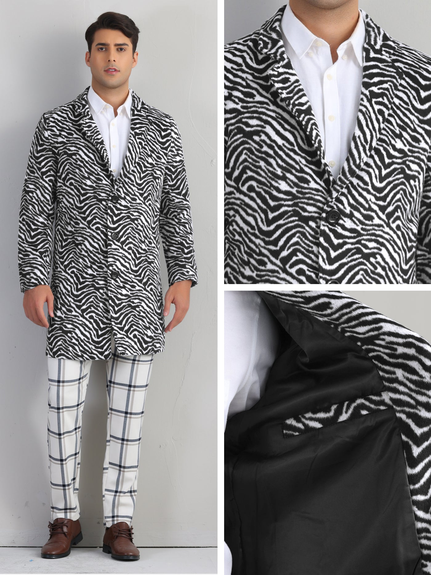 Bublédon Animal Printed Trench Coat for Men's Notched Lapel Classic Vintage Winter Overcoats