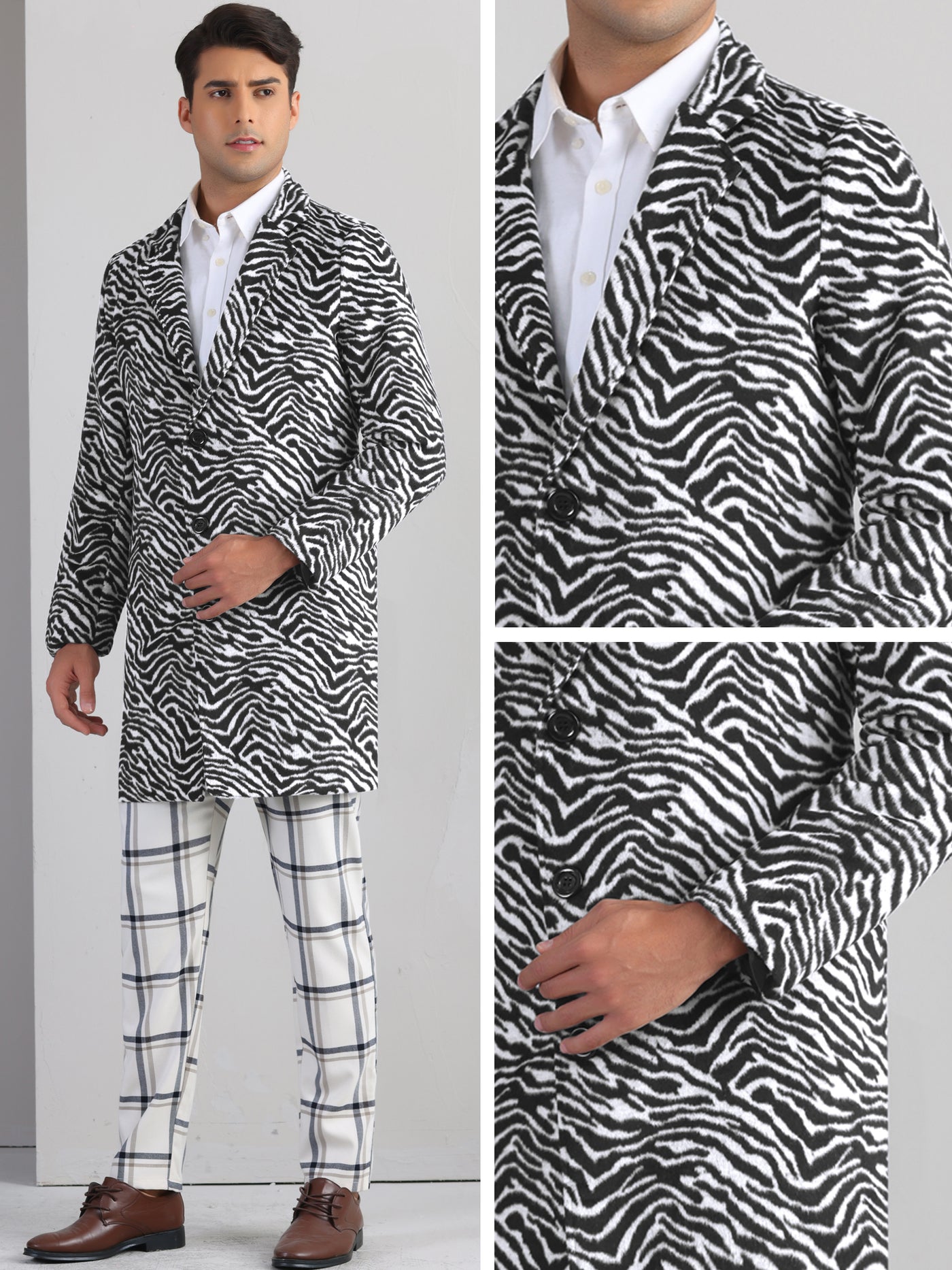 Bublédon Animal Printed Trench Coat for Men's Notched Lapel Classic Vintage Winter Overcoats