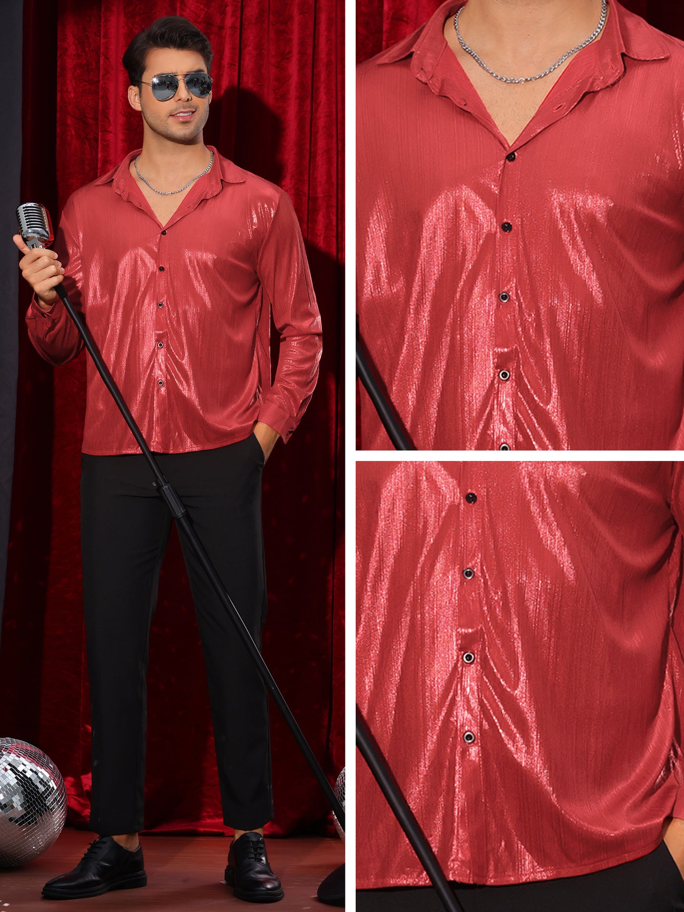 Bublédon Shiny Shirts for Men's Long Sleeves Button Down Disco Party Costume Metallic Shirt