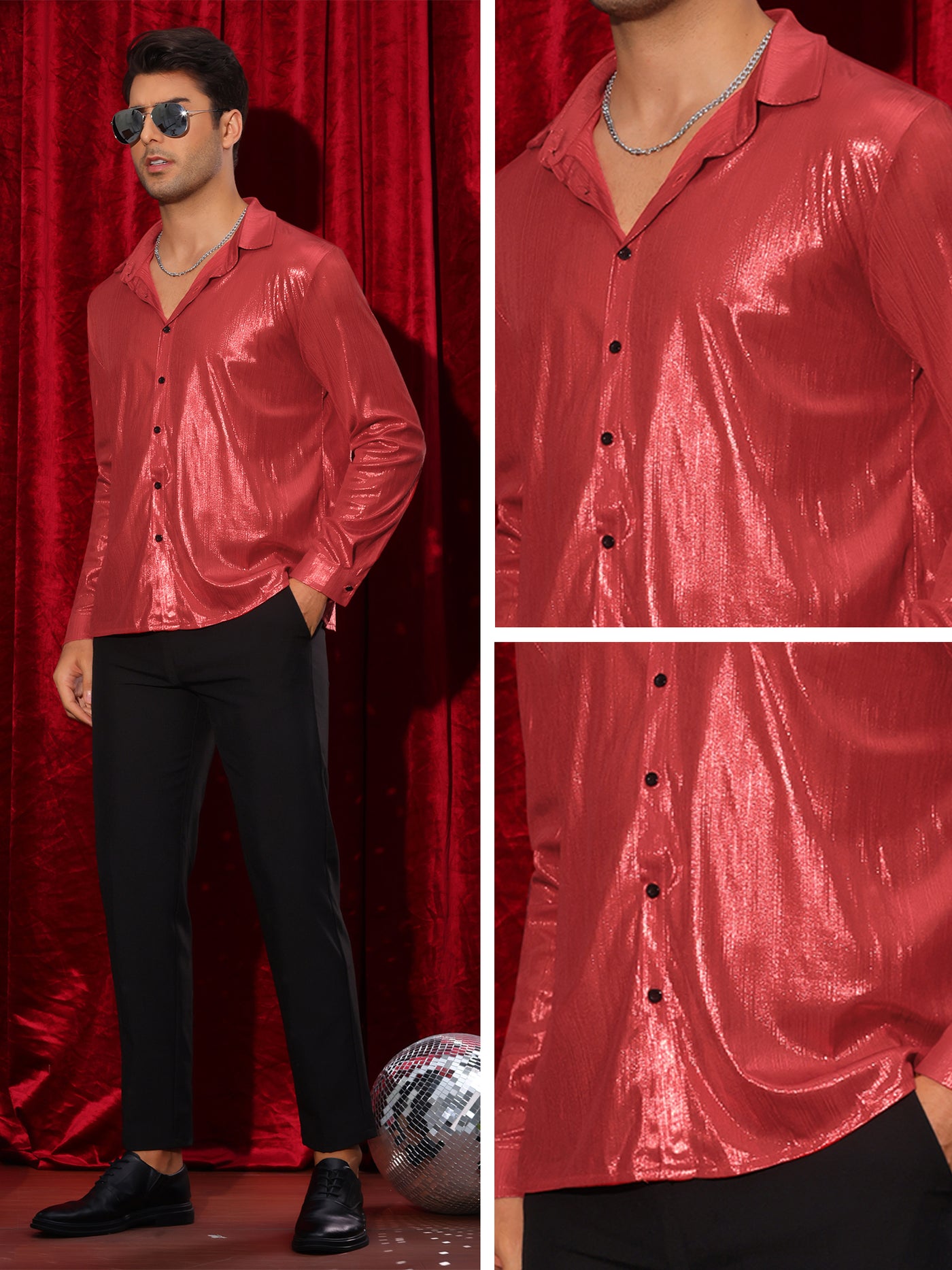 Bublédon Shiny Shirts for Men's Long Sleeves Button Down Disco Party Costume Metallic Shirt