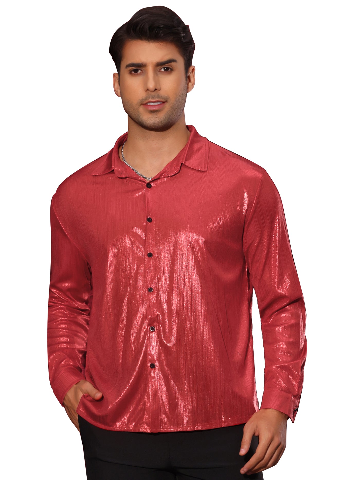 Bublédon Shiny Shirts for Men's Long Sleeves Button Down Disco Party Costume Metallic Shirt