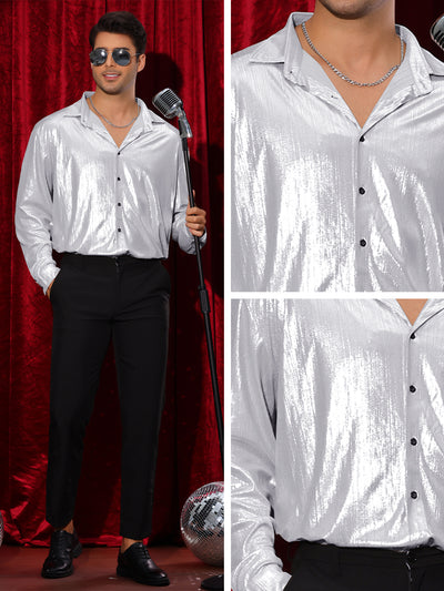 Shiny Shirts for Men's Long Sleeves Button Down Disco Party Costume Metallic Shirt