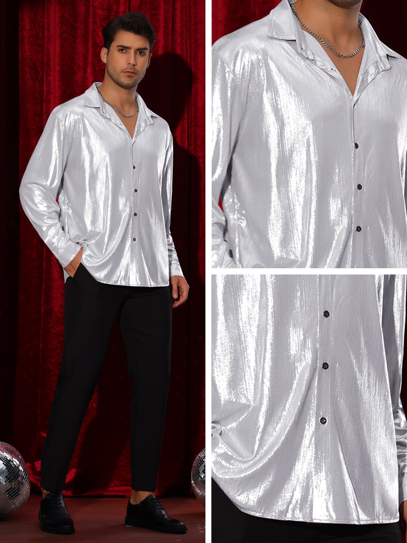 Bublédon Shiny Shirts for Men's Long Sleeves Button Down Disco Party Costume Metallic Shirt