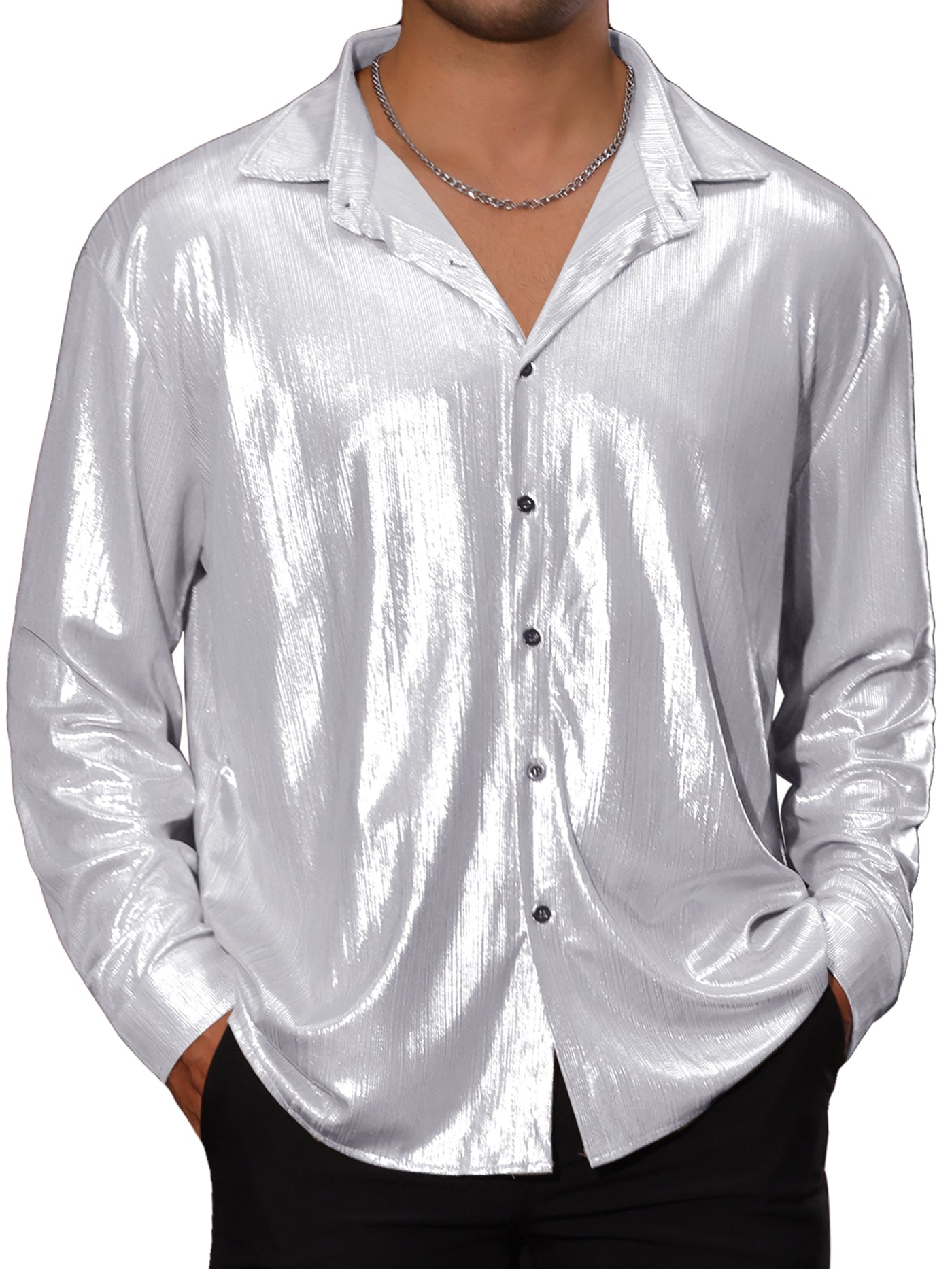 Bublédon Shiny Shirts for Men's Long Sleeves Button Down Disco Party Costume Metallic Shirt