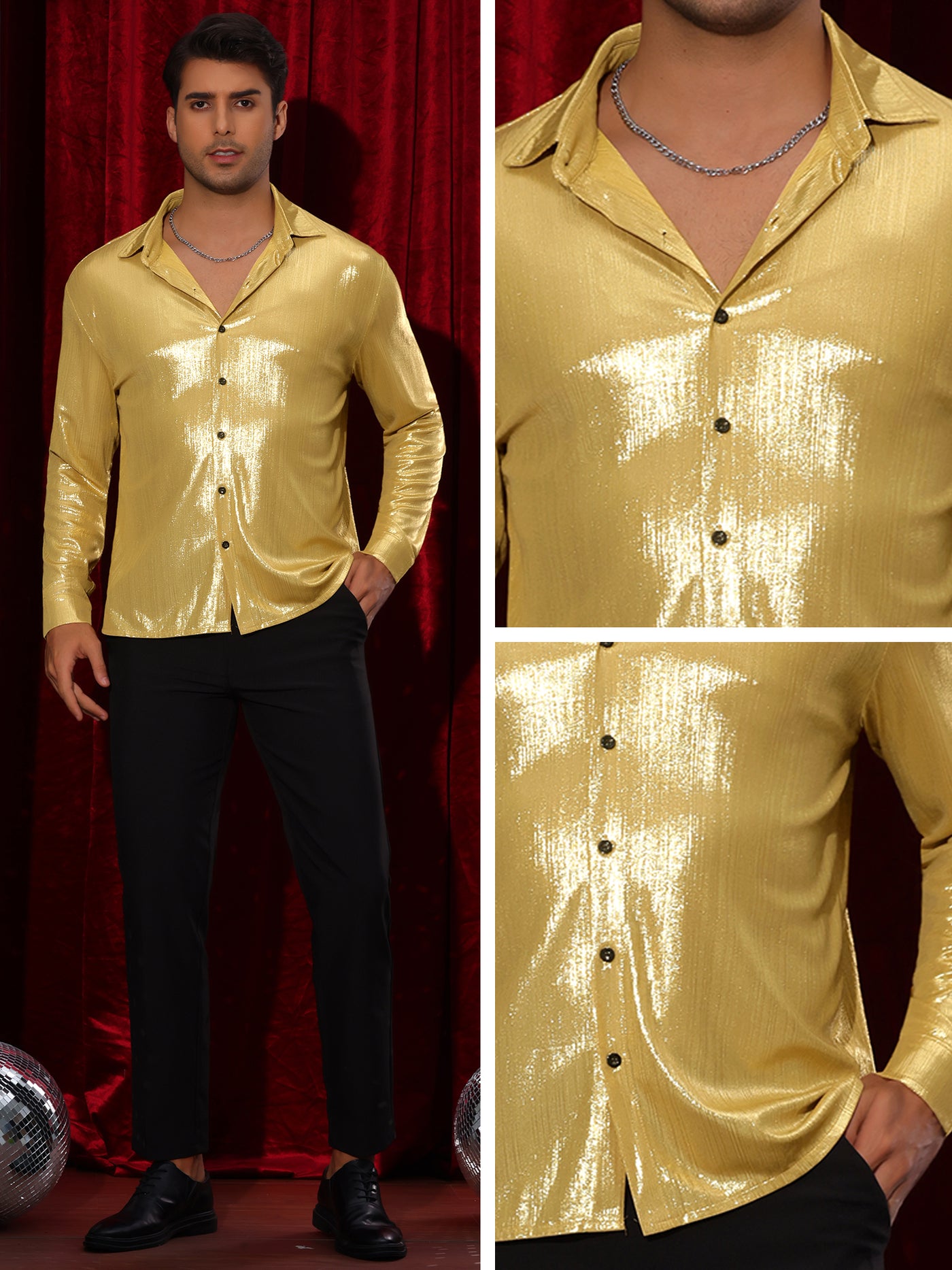 Bublédon Shiny Shirts for Men's Long Sleeves Button Down Disco Party Costume Metallic Shirt