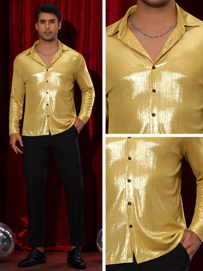 Shiny Shirts for Men's Long Sleeves Button Down Disco Party Costume Metallic Shirt