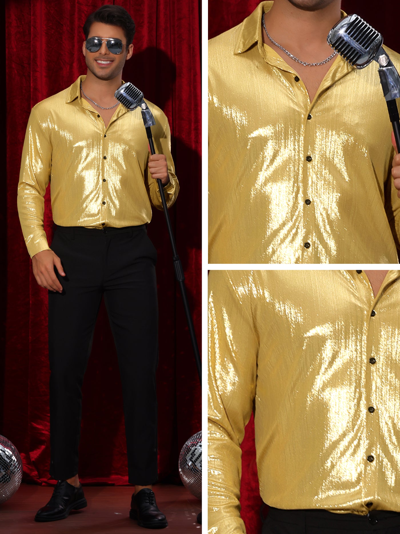 Bublédon Shiny Shirts for Men's Long Sleeves Button Down Disco Party Costume Metallic Shirt