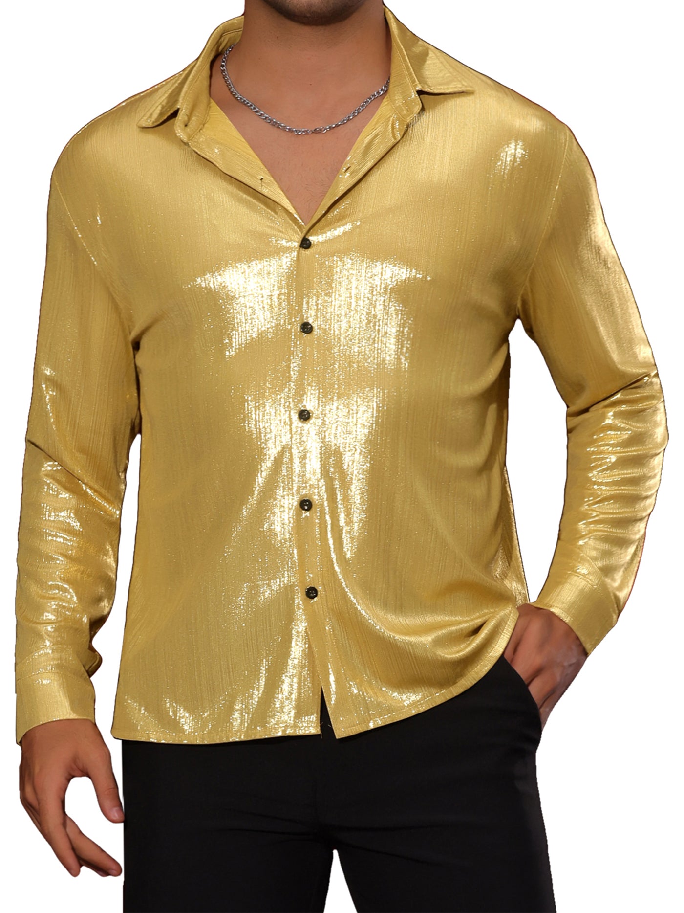 Bublédon Shiny Shirts for Men's Long Sleeves Button Down Disco Party Costume Metallic Shirt