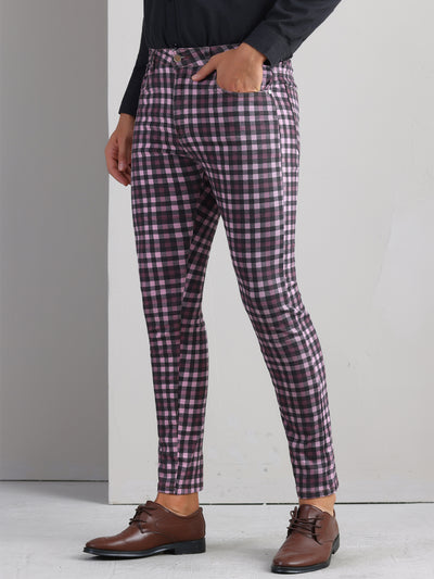 Plaid Printed Dress Pants for Men's Flat Front Stretch Slim Fit Checked Trousers