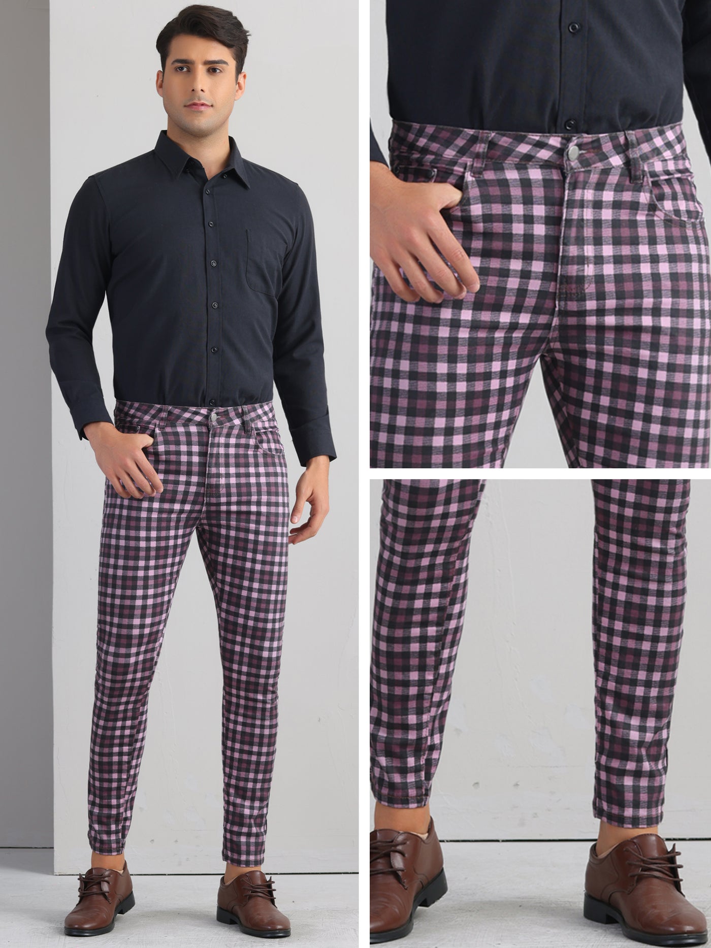 Bublédon Plaid Printed Dress Pants for Men's Flat Front Stretch Slim Fit Checked Trousers