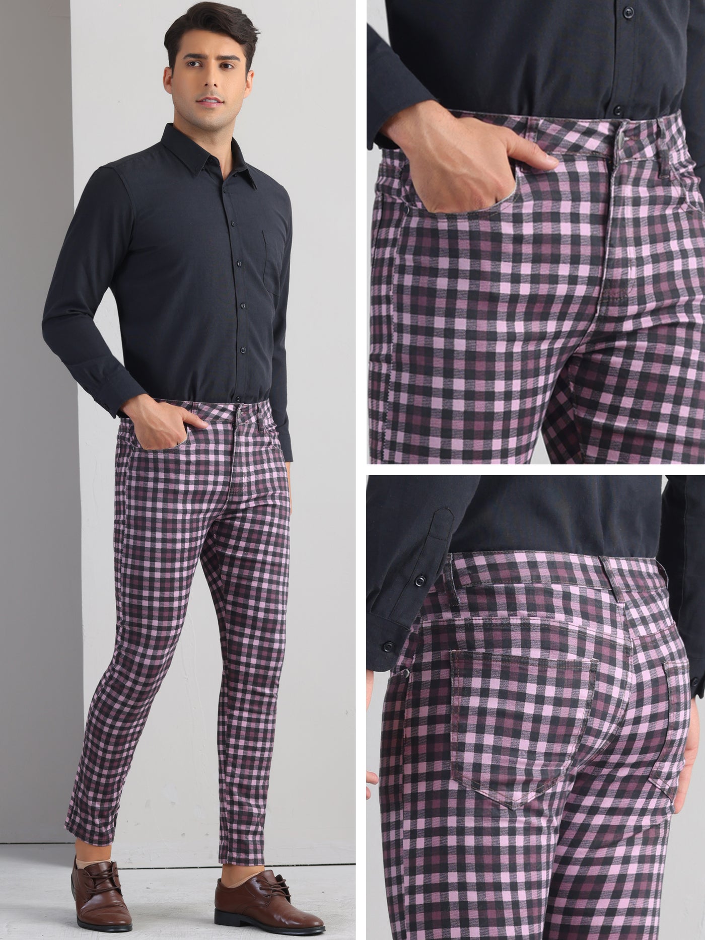 Bublédon Plaid Printed Dress Pants for Men's Flat Front Stretch Slim Fit Checked Trousers