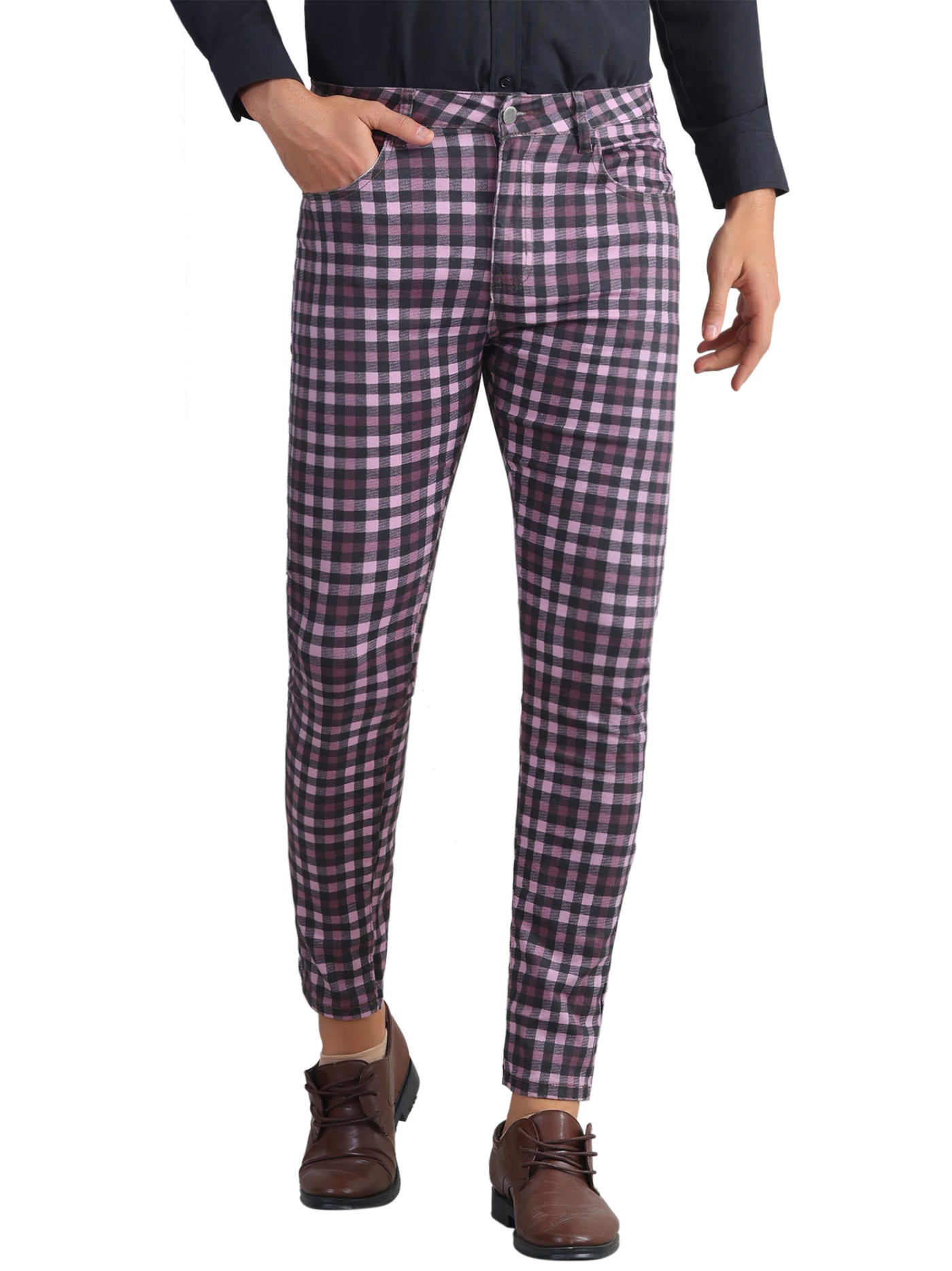 Bublédon Plaid Printed Dress Pants for Men's Flat Front Stretch Slim Fit Checked Trousers