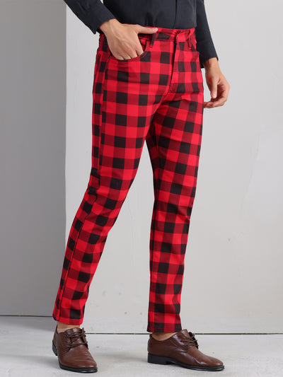 Plaid Printed Dress Pants for Men's Flat Front Stretch Slim Fit Checked Trousers