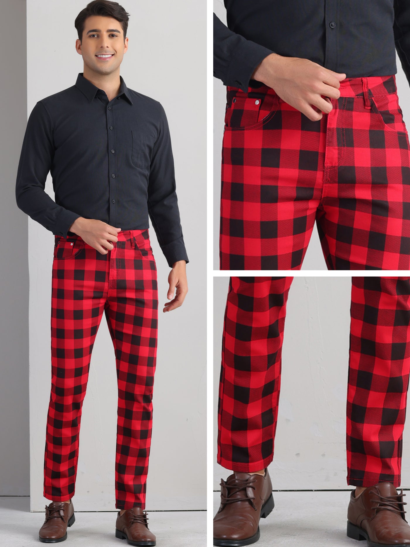 Bublédon Plaid Printed Dress Pants for Men's Flat Front Stretch Slim Fit Checked Trousers