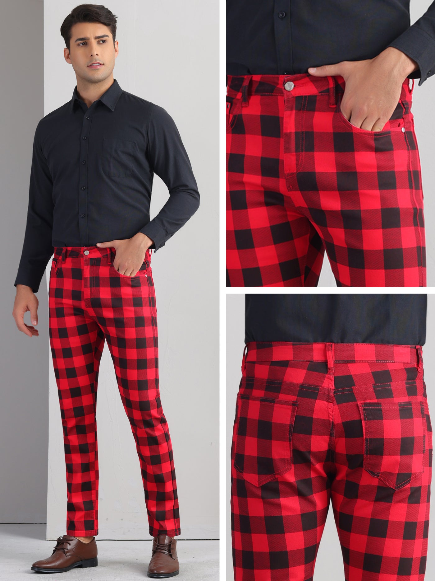 Bublédon Plaid Printed Dress Pants for Men's Flat Front Stretch Slim Fit Checked Trousers