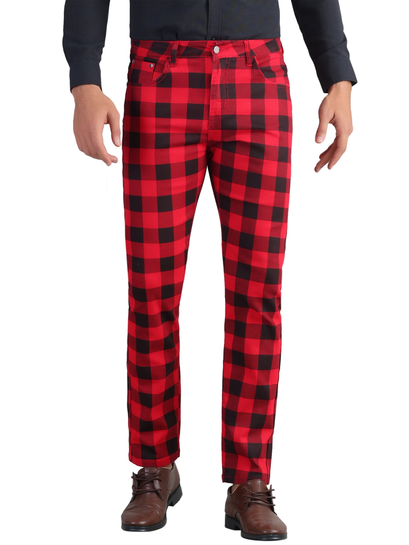 Bublédon Plaid Printed Dress Pants for Men's Flat Front Stretch Slim Fit Checked Trousers