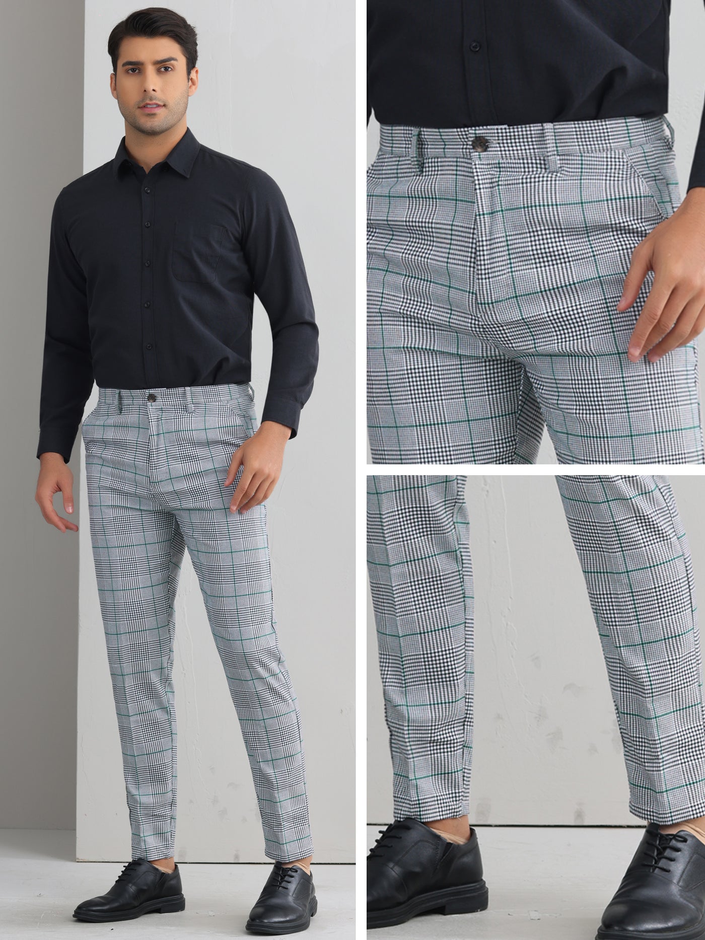 Bublédon Plaid Dress Pants for Men's Flat Front Straight Fit Formal Checked Trousers