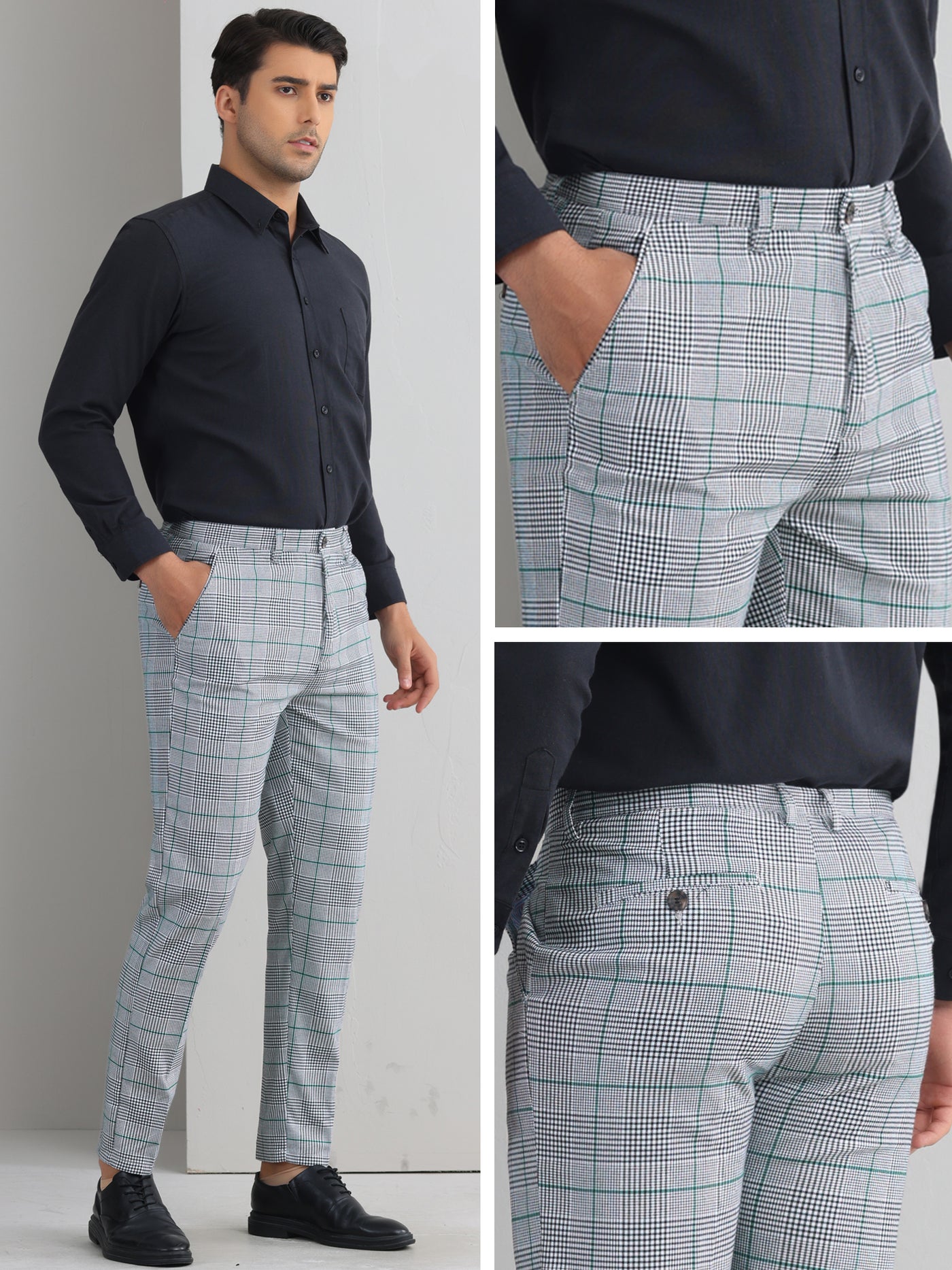 Bublédon Plaid Dress Pants for Men's Flat Front Straight Fit Formal Checked Trousers