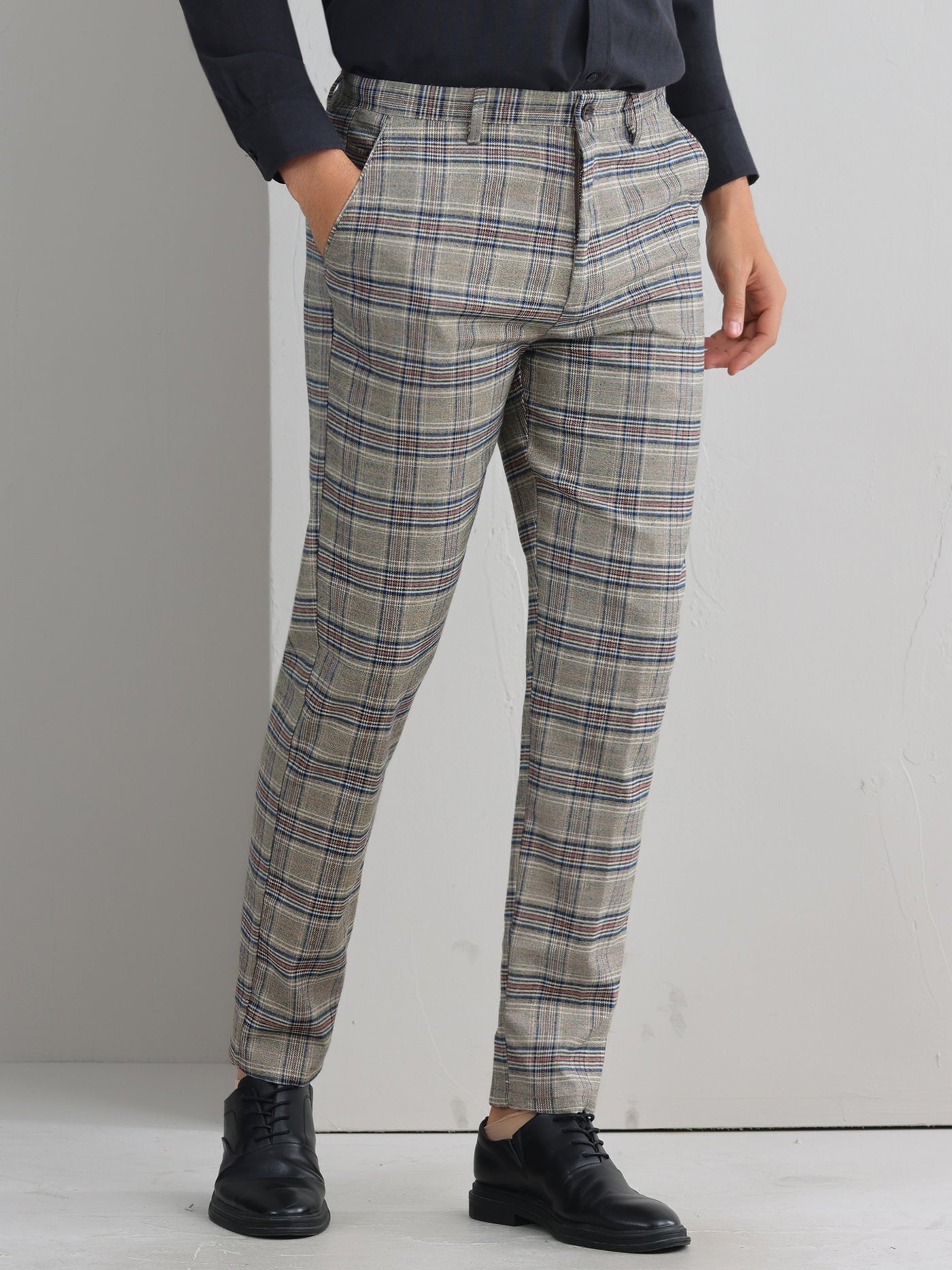 Bublédon Plaid Dress Pants for Men's Flat Front Straight Fit Formal Checked Trousers