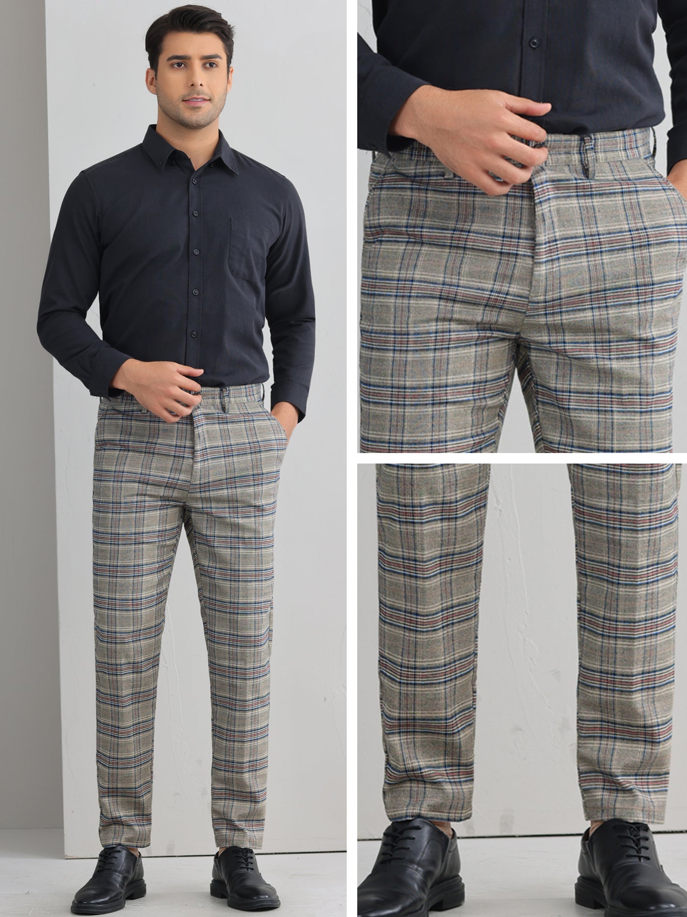 Bublédon Plaid Dress Pants for Men's Flat Front Straight Fit Formal Checked Trousers