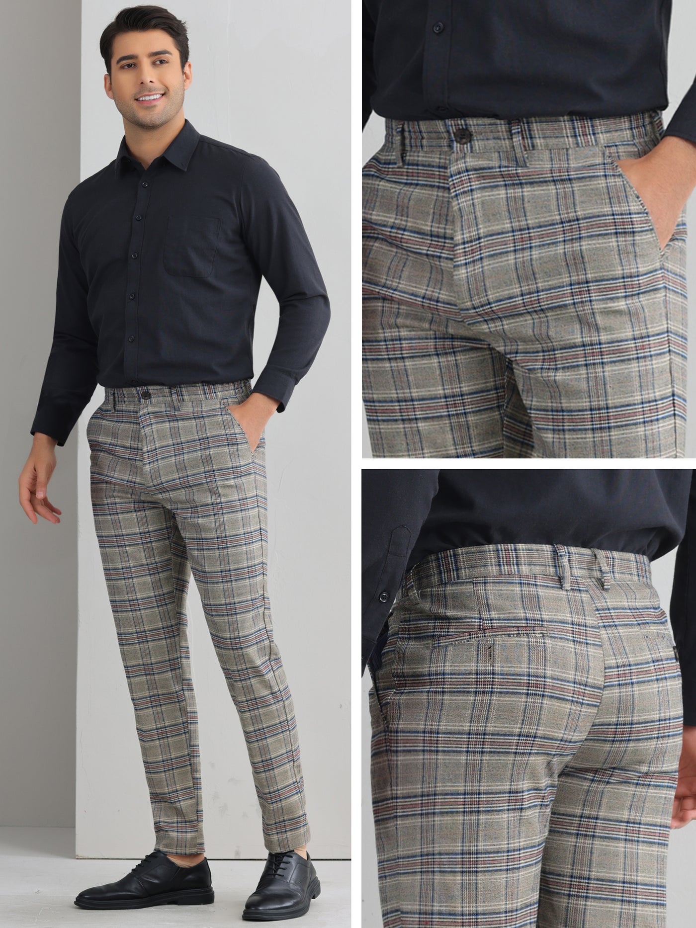 Bublédon Plaid Dress Pants for Men's Flat Front Straight Fit Formal Checked Trousers