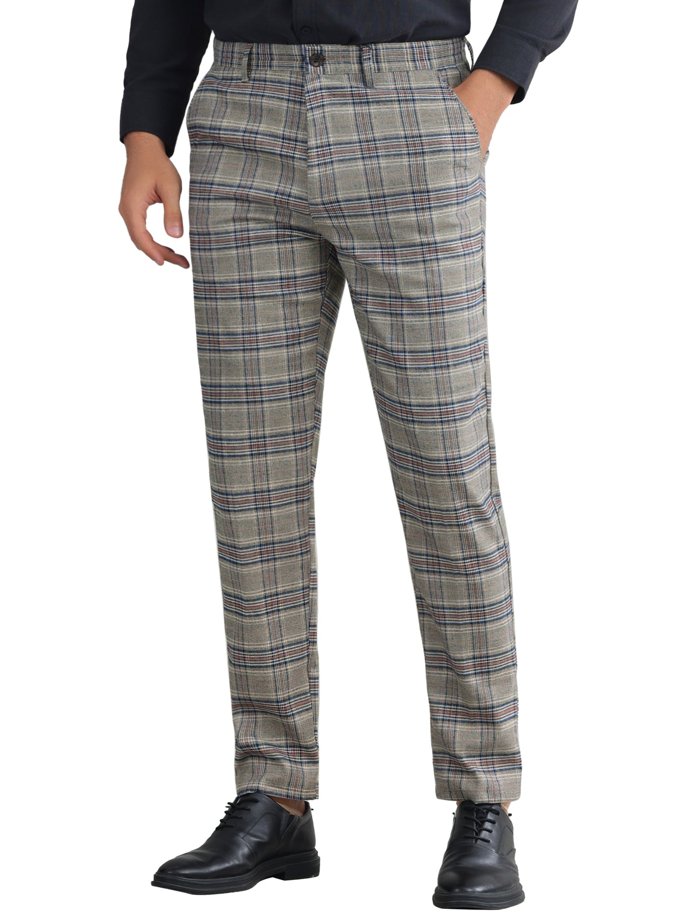 Bublédon Plaid Dress Pants for Men's Flat Front Straight Fit Formal Checked Trousers