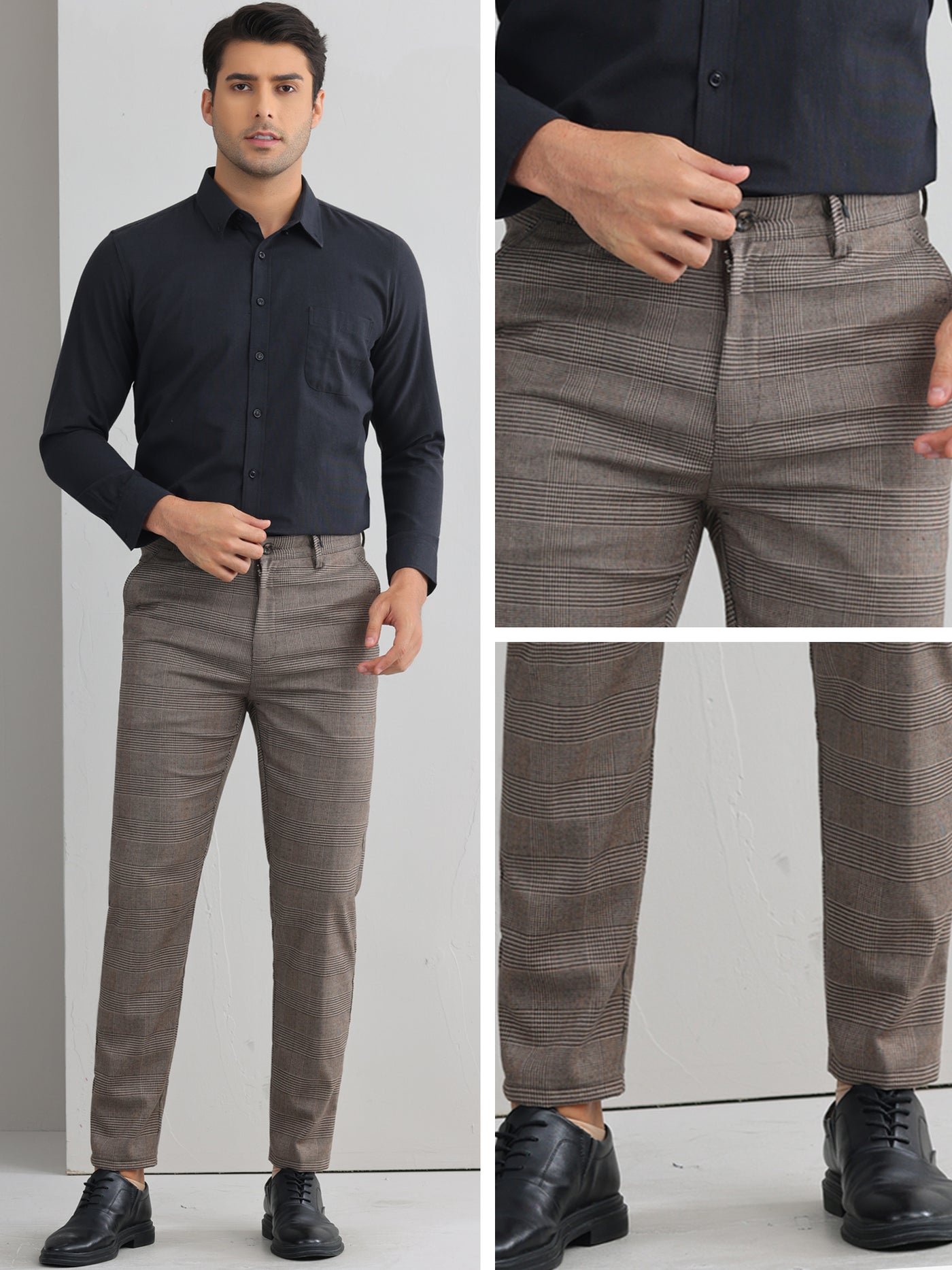 Bublédon Plaid Dress Pants for Men's Flat Front Straight Fit Formal Checked Trousers