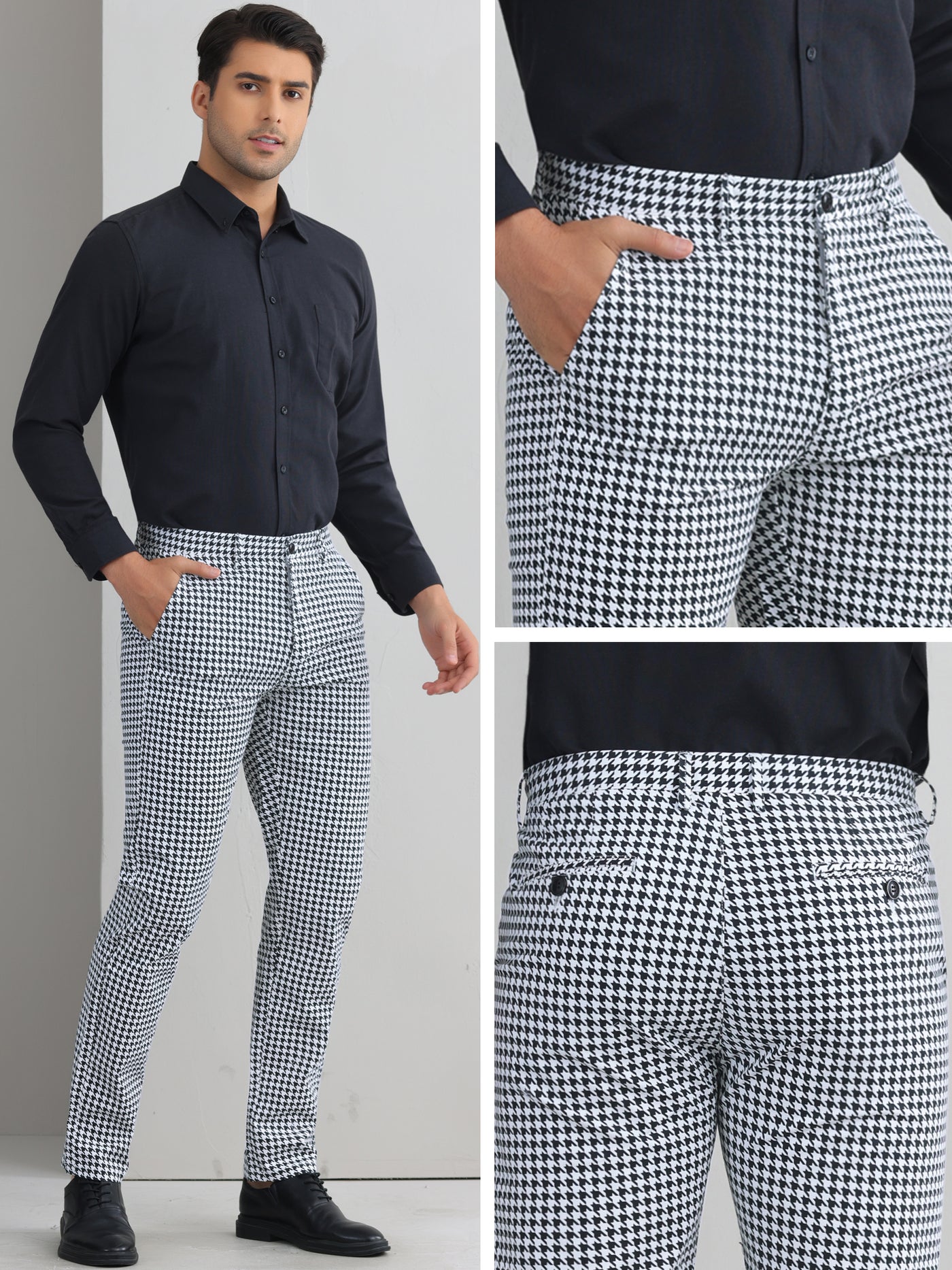 Bublédon Plaid Dress Pants for Men's Flat Front Straight Fit Formal Checked Trousers