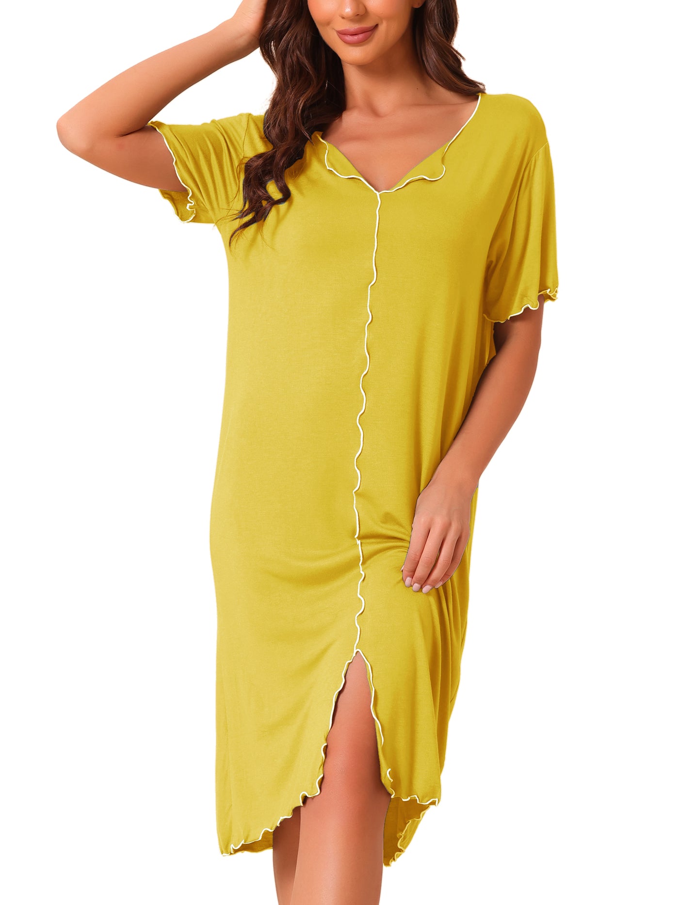 Bublédon Women Ruffled V Neck Nightshirt Short Sleeve Sleepshirt Pullover Pajama Nightgown