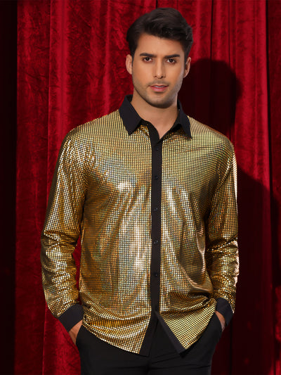 Bublédon Men's Shiny Metallic Long Sleeves Glitter Party Disco Collared Shirts