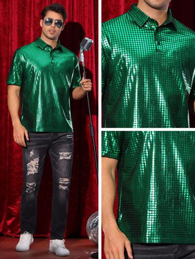 Men's Metallic Short Sleeves Hipster Shiny Disco Golf Polo Shirts