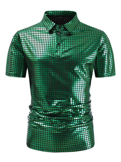 Men's Metallic Short Sleeves Hipster Shiny Disco Golf Polo Shirts