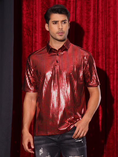 Men's Metallic Short Sleeves Hipster Shiny Disco Golf Polo Shirts