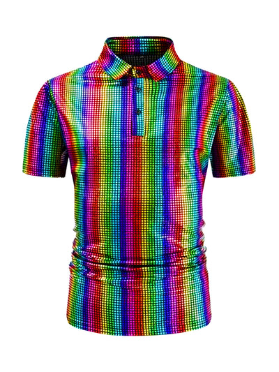 Men's Metallic Short Sleeves Hipster Shiny Disco Golf Polo Shirts