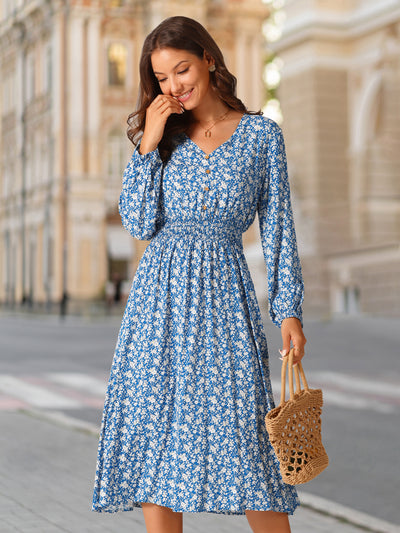 Women's Floral V Neck Dresses Long Sleeve Button Decor Smocked Waist Midi Dress with Pockets