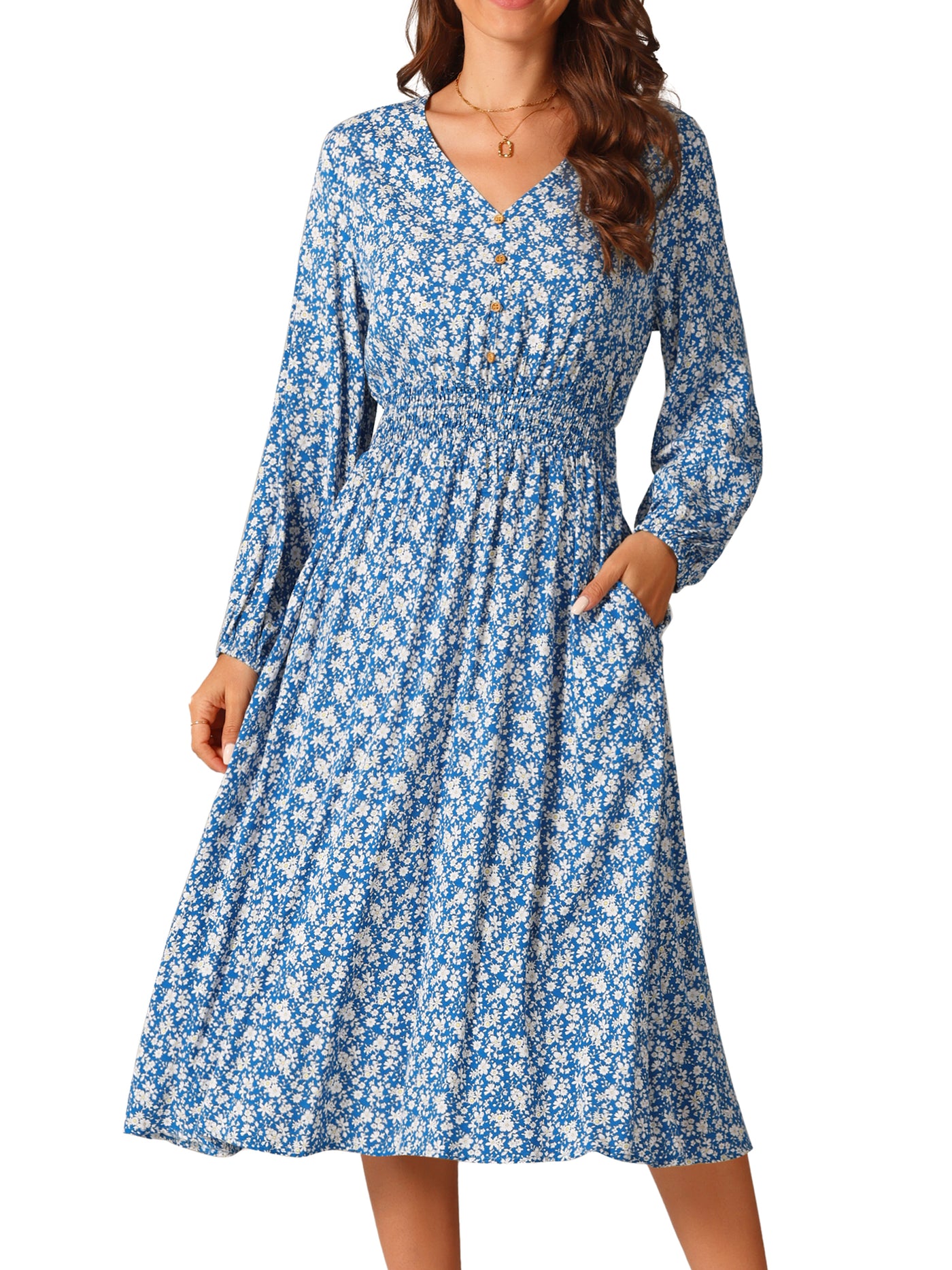 Bublédon Women's Floral V Neck Dresses Long Sleeve Button Decor Smocked Waist Midi Dress with Pockets