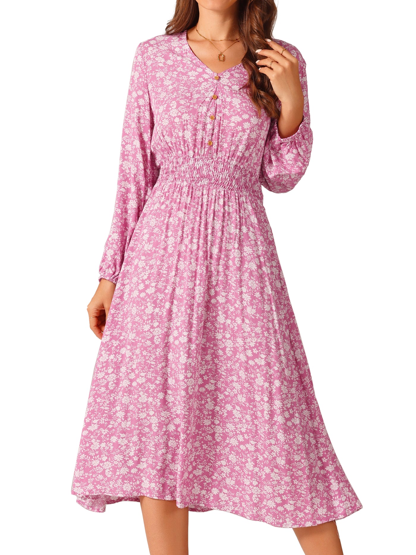 Bublédon Women's Floral V Neck Dresses Long Sleeve Button Decor Smocked Waist Midi Dress with Pockets